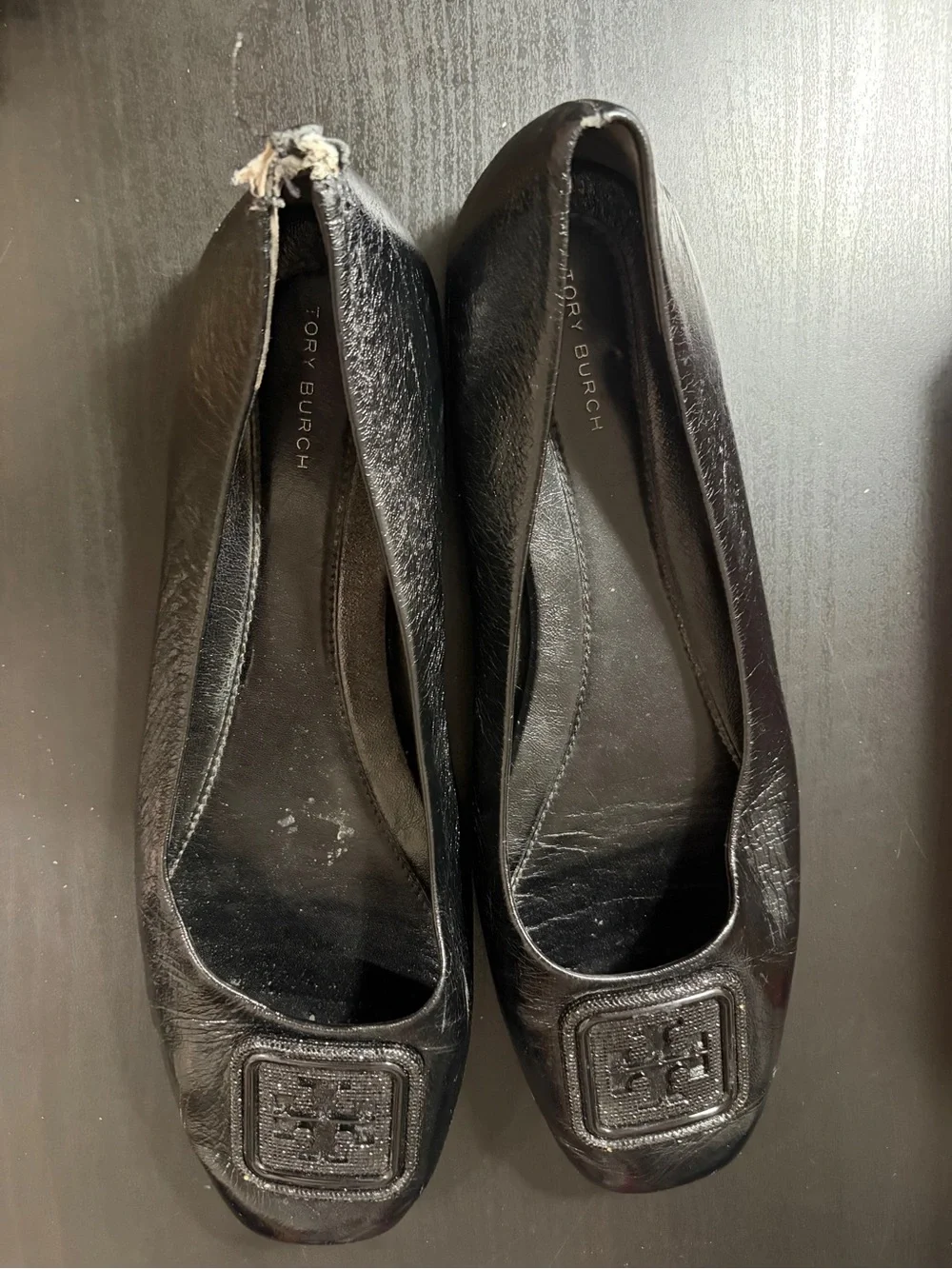 Tory Burch Black Leather Logo Toe Ballet Flats